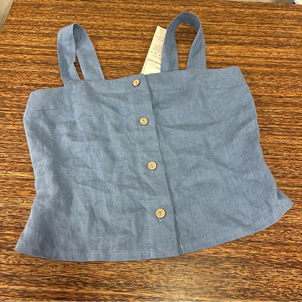 Linen Blue Button-Up Crop Top